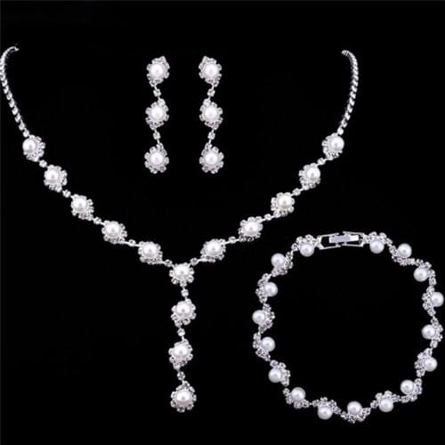 Simulated Pearl Bride Wedding Jewelry Sets Simple Crystal Necklace Earrings Bracelets Sets Women Party Gift