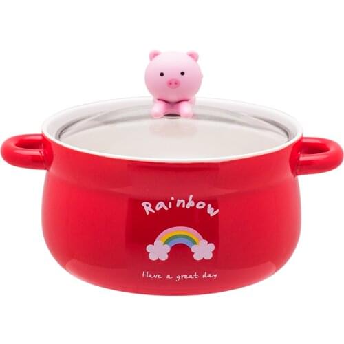 Creative Cartoon with Lid Binaural Ceramic Instant Noodle Bowl with Lid Ceramic Bowl Cute Student Homework Soup Utensils