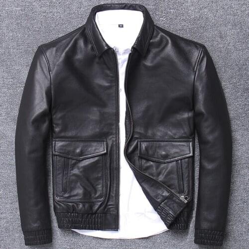 Whole nervous genuine clothing man head layer cowhide short fund locomotive leather jacket male stand flight pilot bomber