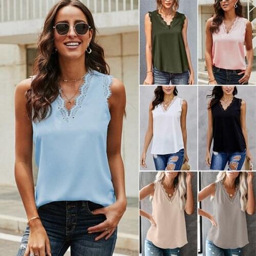 Hot kf-Summer Women Tops Fashion Sexy Deep V Tops Lace Stitching Sleeveless Sexy Vest Tanks