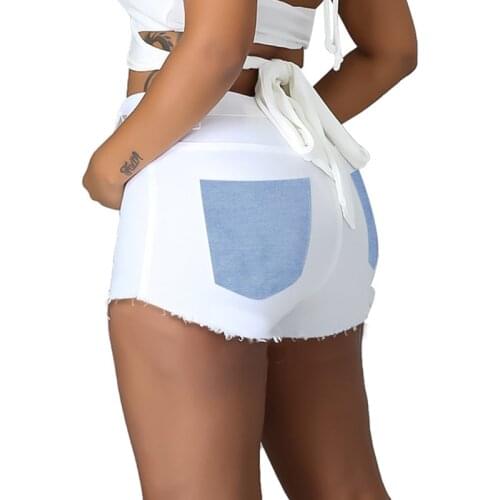 Fashion Patchwork Cotton Tassel Sexy Denim Shorts Women Mid Waist Summer Streetwear Pockets Color Block Skinny Jeans Shorts