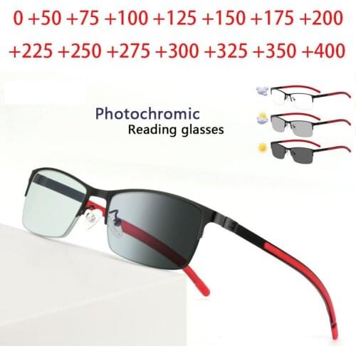 Titanium Alloy Photochromic Men Reading Glasses Chameleon CR-39 Resin Aspheric Glasses Lenses +25 +1.00 +1.50 +2.00 +2.50 To +6