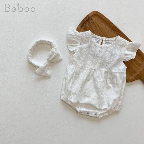 Baby Clothes 2021 Summer Newborn Girls Bodysuit Korean Flower Flying Sleeve Creeping Suit Pure Cotton Princess Style Jumpsuit
