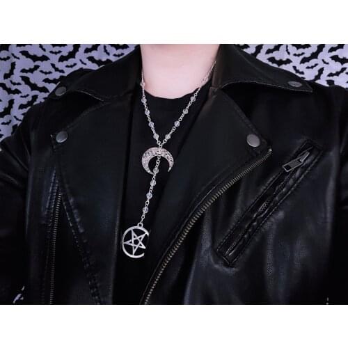 Gothic moon and pentagram necklace - gothic rosary - occult necklace - nu goth - gothic necklace