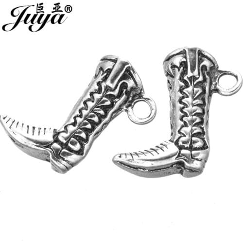JUYA Antique Silver Plated Cowboy Boots Shoes Charms Pendants for Jewelry Making Craft Diy Handmade 21x21mm AO0649