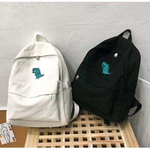 Womens Korean Style Canvas Backpack Fashion Campus Bag Large Capacity Small Dinosaur Printing Backpacks Book Bag Black White