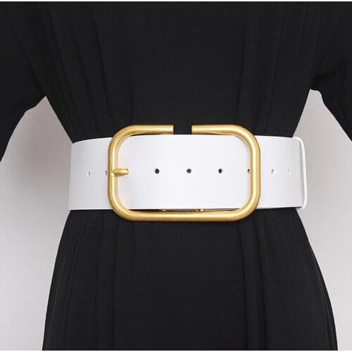 Leather Wide Belt For Women Gold Square Buckle Pin Buckle Jeans Black Belt Luxury Brand Ladies Vintage Strap Female Waistband