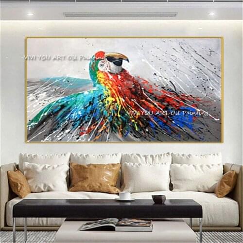 The Special Sales Animal Original Abstract Modern Thick Green Oil Painting Handpainted Textured Wall Large Wing Color Parrot