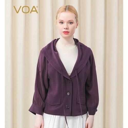 VOA Silk Turn-down Collar Three Quarter Three Buttons Cover The Hem of The Bag and Draw The Rope To Shrink The Coat Female WE98