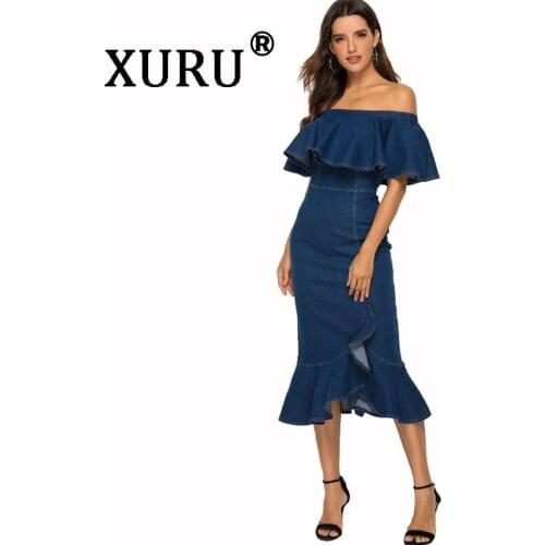 XURU summer new womens denim dress sexy tight bag hip ruffled dress word shoulder wash water denim dress