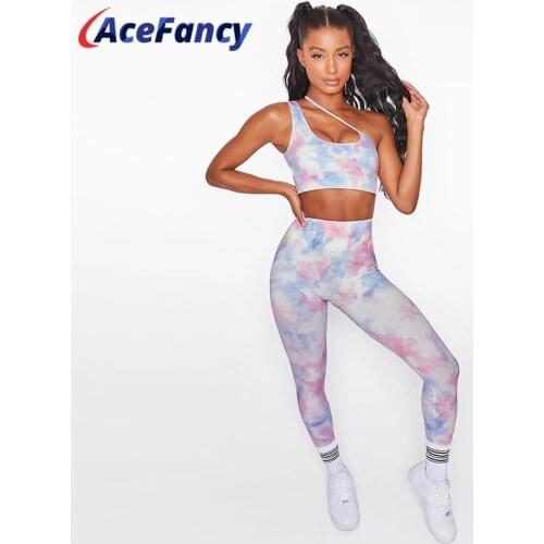 Tie Dye Print Women Yoga Set Sleeveless Crop Top High Waist Leggings Sportswear For Women Yoga Set Fitness Clothing ZC4141