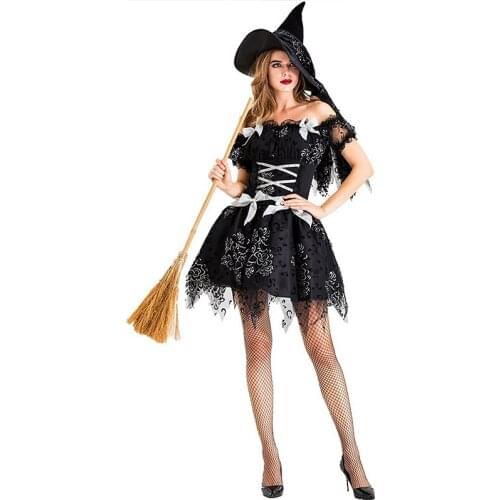 Witch Costume Girls Women Sexy Witch Cosplay Halloween Carnival Adult Female Fancy Party Short Sleeve Slim Fit Dress Hat Suit
