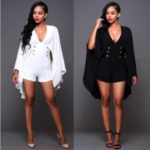 Jessie Vinson Fashion Women Bat-wing Sleeve Deep V-neck Chiffon Black Jumpsuits Short Bandage Slim Ladies Playsuits