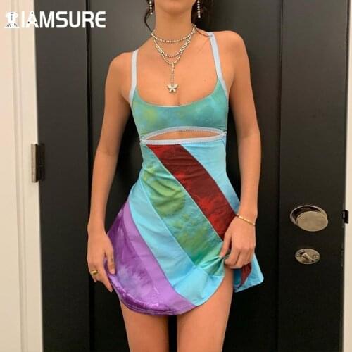 IAMSURE Hollow Out Dresses For Women 2021 Sexy Slim Patchwork Spaghetti Straps A-Line Summer Beach Dress Y2K Fashion Sleeveless