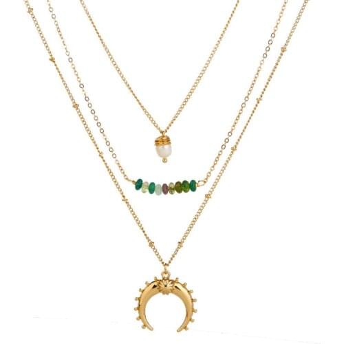 TIMRONLY Unique Design Multi Layered Moon Necklace for Women Lady Green Color Crystal Imitation Pearl Pendant Necklaces Jewelry