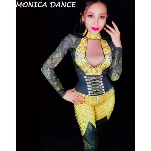 Women Sexy Stage Rhinestones Bodysuit Stage Outfit Female Singer Black yellow Leggings Nightclub Crystals Costume Dance Jumpsuit