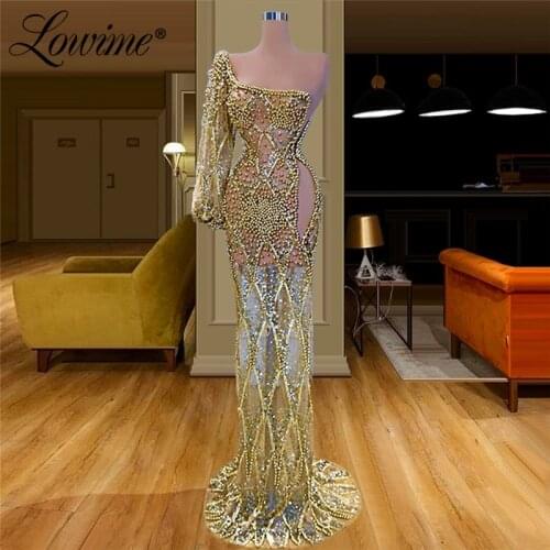 Gold Evening Dresses Illusion Mermaid Party Gowns For Weddings 2021 Sexy Prom Dress African One Shoulder Arabic Celebrity Dress