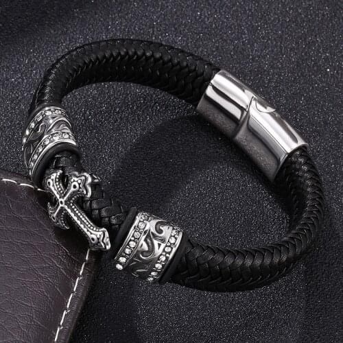 2020 Punk Cross Black Braided Leather Bracelet Men Jewelry Stainless Steel Magnetic Buckle Male Bangles Gifts Pulsera Hombre