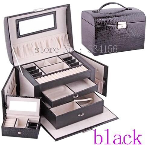 Free shipping 3 layer space luxury Practical leather jewelry box earrings necklace pendant jewelry display black gift box