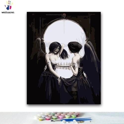 DIY Coloring paint by numbers Woman with white skull and two black wings paintings by numbers with kits 40x50 framed