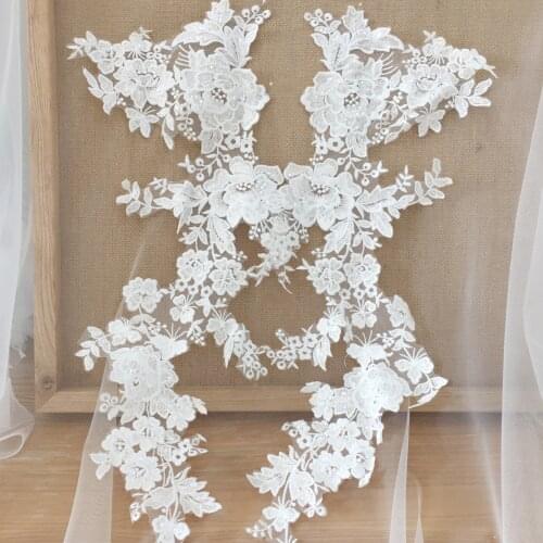4 Pieces Ivory Cotton Embroidered Floral Lace Applique with CLear Sequin, Bridal Hair Wedding Headpiece Accessory Lace Motif