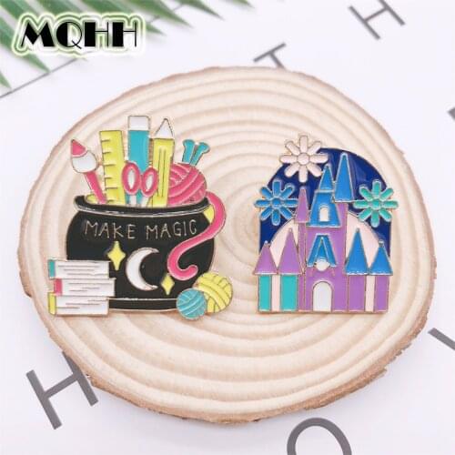 Creative cartoon house castle pen book ball pencil case enamel brooch alloy badge cowboy clothes bag pin jewelry gift for kid