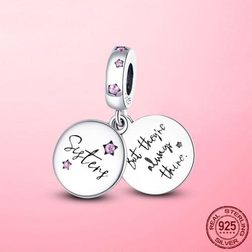 Hot Sale New 925 Sterling Silver Forever Sisters Dangle Charm Pink Zircon Pendant fit Original Bracelet Necklace Silver Jewelry