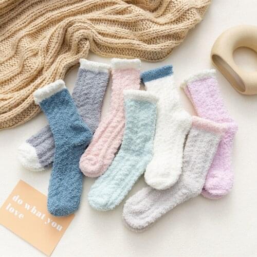 Fashion Girl Coral Fleece Winter Warm Cold Resistance Plus Velvet Thick Sock Cartoon Cat Paw Stripe Candy Color Floor Sleep Sock