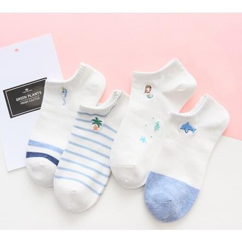 Caramella 4Pairs/Lot Cotton Girl Socks Cartoon Mermaid Ankle Low Socks Female Invisible Short Socks Ladies Boat Sock Breathable