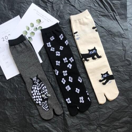 Funny Animal Jacquard Womens Two Toe Socks Cartoon Owl Cat Flower Cute Split Toe Socks Japanese Harajuku Combed Cotton Tabi Sock