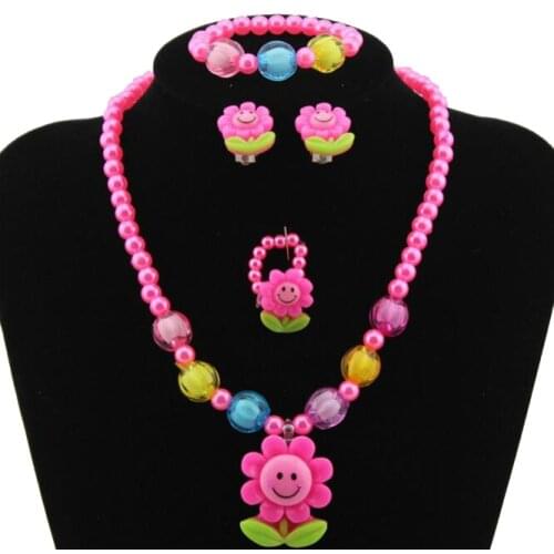 Baby Girl Lovely Cartoon Cute cat Necklace/Bracelet/Ring Children Kids Imitation Pearls Jewelry Set Xmas holiday party Gift