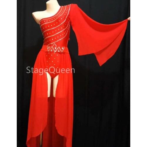 Sexy Sparkly Rhinestones Bodysuit Red Nightclub Women Singer Performance Stage Clothes Bar Host Model Catwalk Show Stage Costume