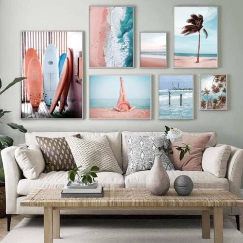 Nordic Posters And Print Beach Girl surfboard Sea wave Tree Scenery Wall Art Canvas Painting Wall Pictures For Living Room Decor