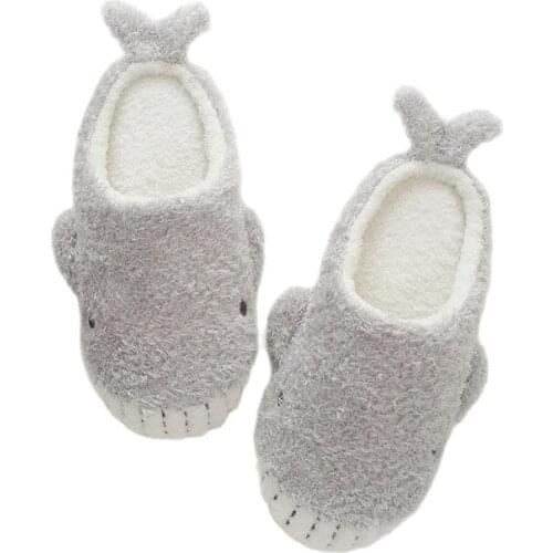 Suihyung New Women Home Slippers Indoor Floor Shoes Gray Plush Whale Design Bedroom Furry Slides Girls Winter Warm House Slip On