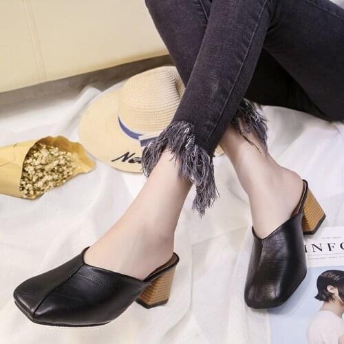 Summer New Muller Shoes Fashion Square Head Elegant Retro Solid Color Simple High-Heeled Ladies Baotou Half Slippers