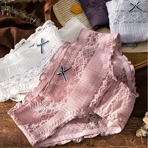 Wasteheart Women Fashion Pink Purple Soft Lace Cotton Bow Mid Waist Panties Underwear Lingerie Briefs Plus Size Underpants F
