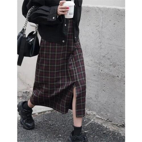 Vintage Split Fork Plaid Long Skirt Women High Waist Button Straight Skirt Autumn Winter Korean Gothic A-Line Saia Streetwear