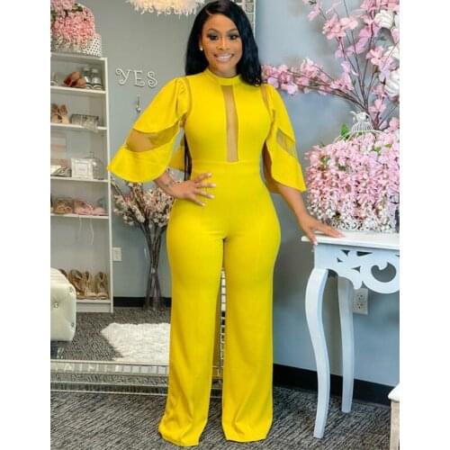 Sheer Mesh Patchwork Ruffle Sleeve Jumpsuit Women Sexy Elegant Office Ladies Wide Leg One Piece Rompers Plus Size 2021 Autumn