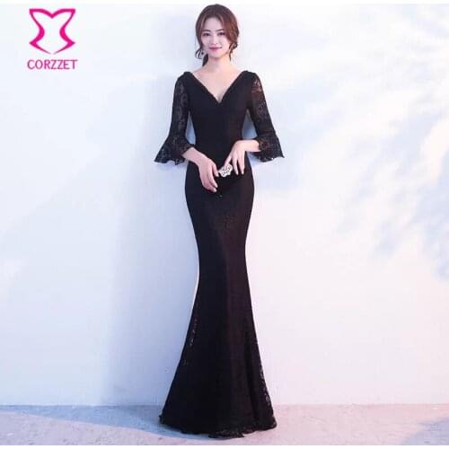 Black Beaded Floral Lace Deep V Neck Backless Elegant Slim Mermaid Dresses Sexy Long Evening Party Dress Women Vestidos De Festa