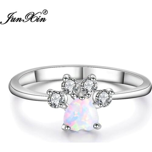 JUNXIN Boho Male Female White Opal Stone Ring Fashion Bear Paw Cat Claw Ring Promise Wedding Engagement Rings For Men And Women
