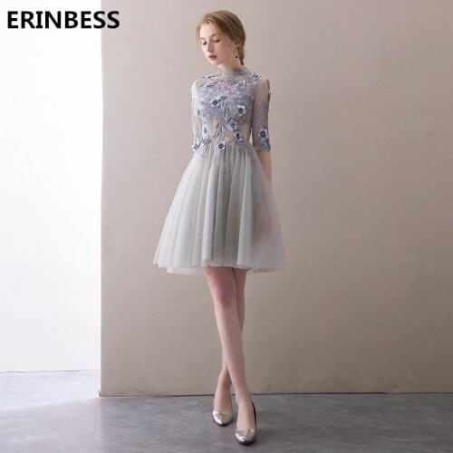 Vintage Short Prom Dresses 2018 Vestido De Festa High Neck Women Formal Party Gowns For Women Half Sleeve Prom Dress Evening