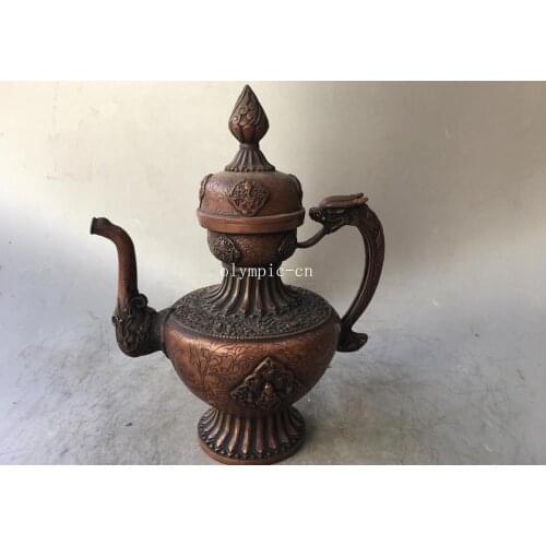 14'' red copper carvings tibet buddhism flowers and plants dragon cup pot teapot