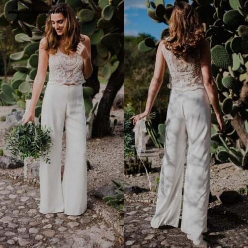 2020 Wedding Jumpsuit Two Pieces Lace Bodice A Line Scoop Neck Beach Wedding Dress Appliqued Bead Pant Long Robes De Mariée