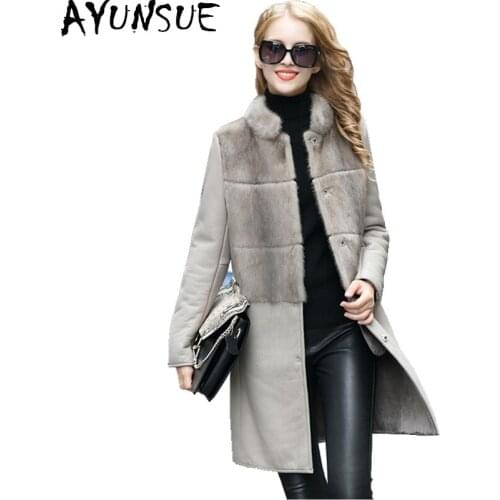 AYUNSUE 2020 New Fashion Natural Mink Fur Coat Real Sheepskin Long Slim Sheep Fur One Coats Warm Winter Jacket Women SW3333-1