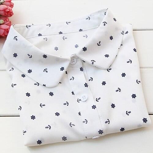 Elegant Girls Detachable Blouse Shirt White Black Metal Fake Collar pendent Anchor wheel print embroidery cotton shirt