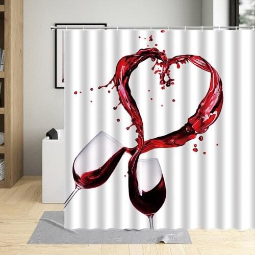 Red Wine Glasses Abstract Splash Love Heart Pattern Bathroom Decor Waterproof White Shower Curtain With Hooks Set Bath Curtains