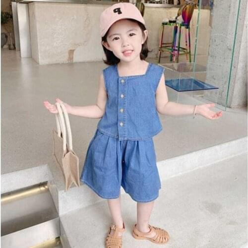 Childrens Sets 2021 Summer Casual Two Piece Jeans Suit Single-breasted Sleeveless Vest Tops+Denim Shorts Girls Clothing Set