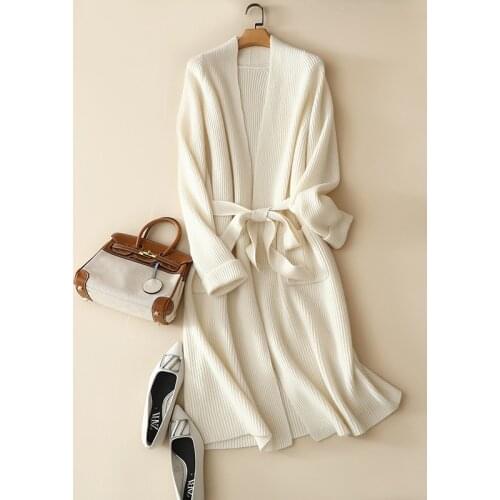 Winter thick cashmere wool cardigan long sleeve v neck pocket warm outerwear ribbed knitted europe trendy knitwear with belt