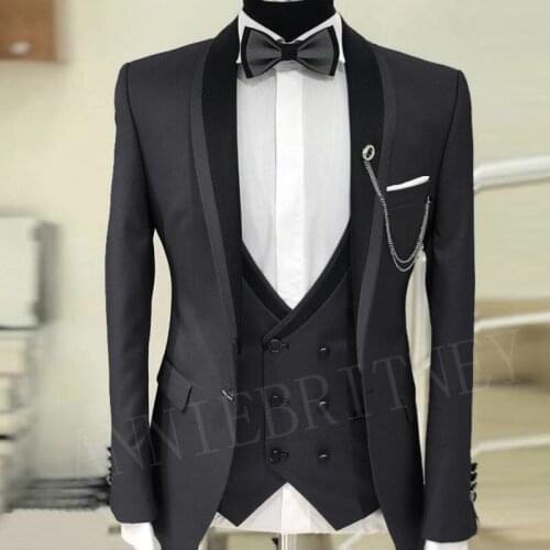 Classic Grey Mens Suit Set Formal Wedding Suits for Men Custom Slim fit Groom Tuxedo Jacket Pants Vest 3 piece Suit Blazer 2019