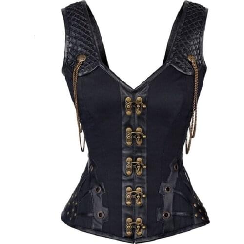 Steampunk Corset Gothic Retro Leather Bustier Vest Shaper Lace Up Steel Boned V Neck Strap Plus Size Women Shapewear Clothing